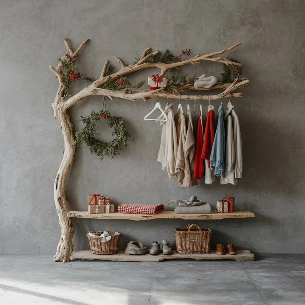 Rustic wooden clothing rack shaped like a tree with winter sweaters, wreath, gifts, and shoes