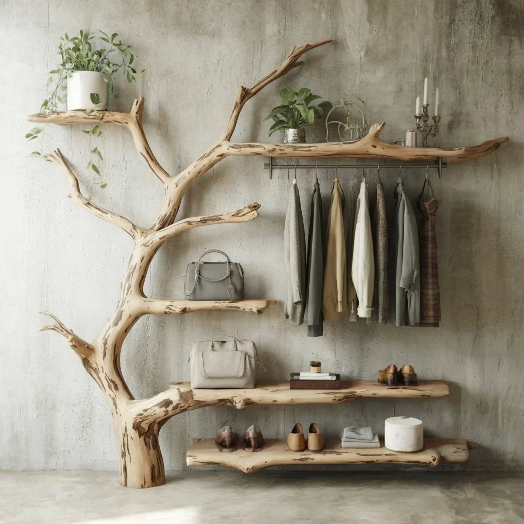 Unique wooden tree-branch shelving unit with hanging clothes, plants, bags, and shoes in rustic room