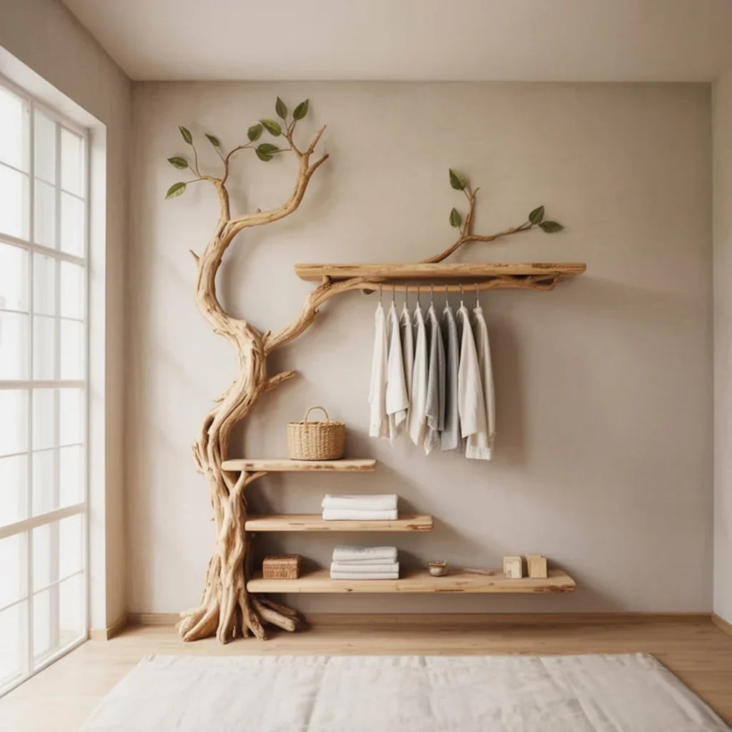 Minimalist wooden tree-shaped shelf with hanging clothes, wicker baskets, and folded towels in beige room