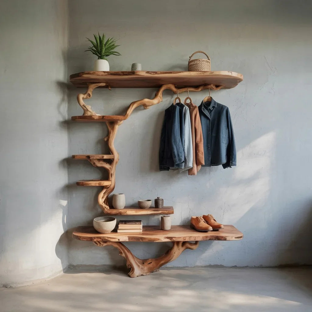 Live edge solid wood tree bookshelf with hanging rack, floating shelves, and decor items
