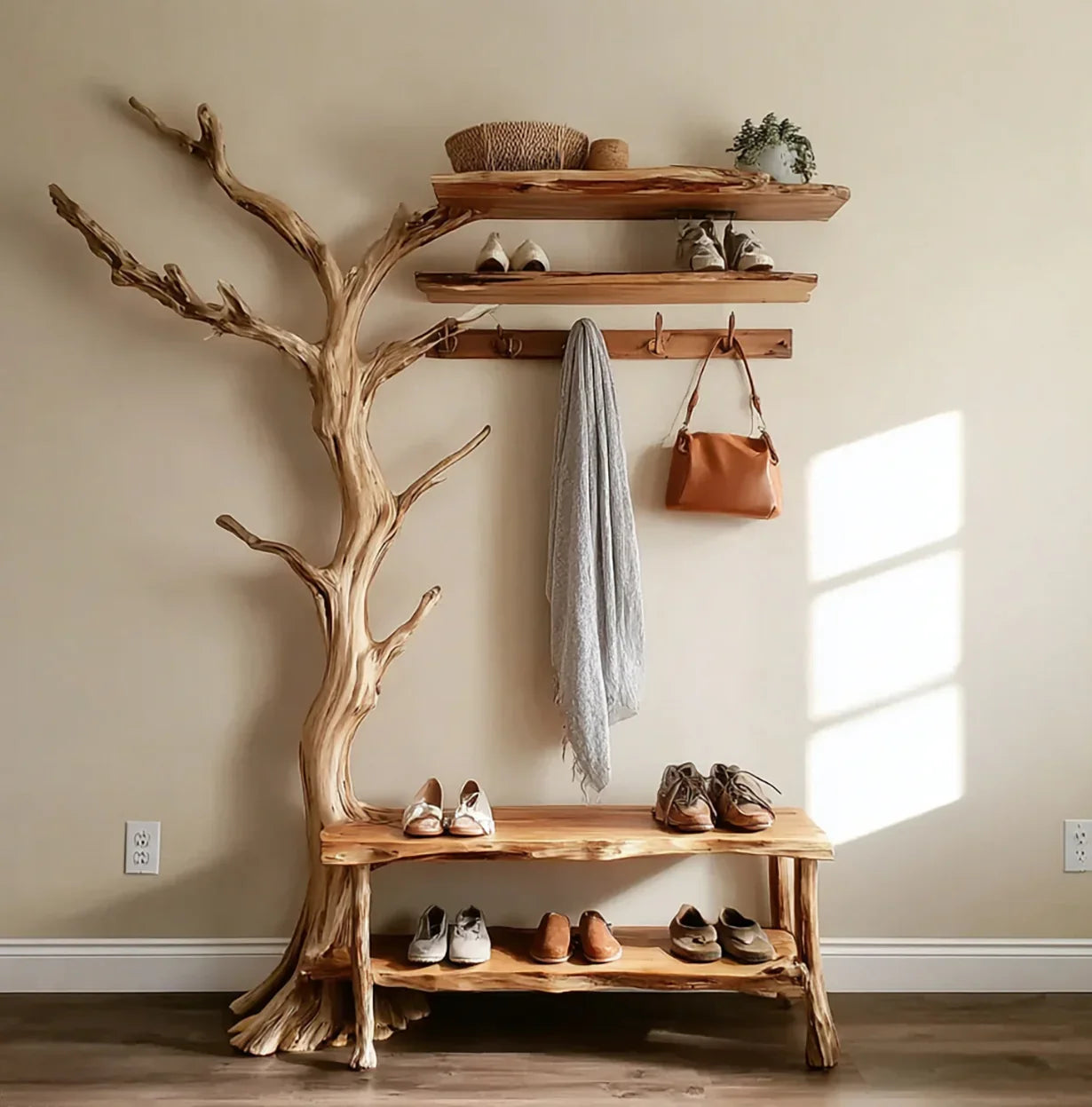 Live edge solid wood tree bookshelf with hooks, floating shelves, and shoe bench in entryway